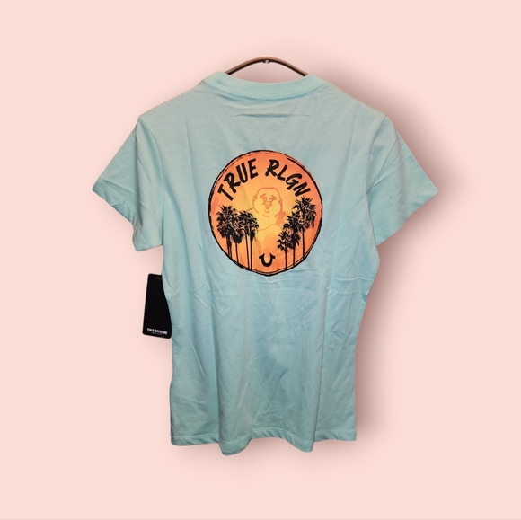 True Religion Sunset back Logo Short Sleeve Tee Blue Palm Tree Tropical Crewneck - Picture 2 of 3